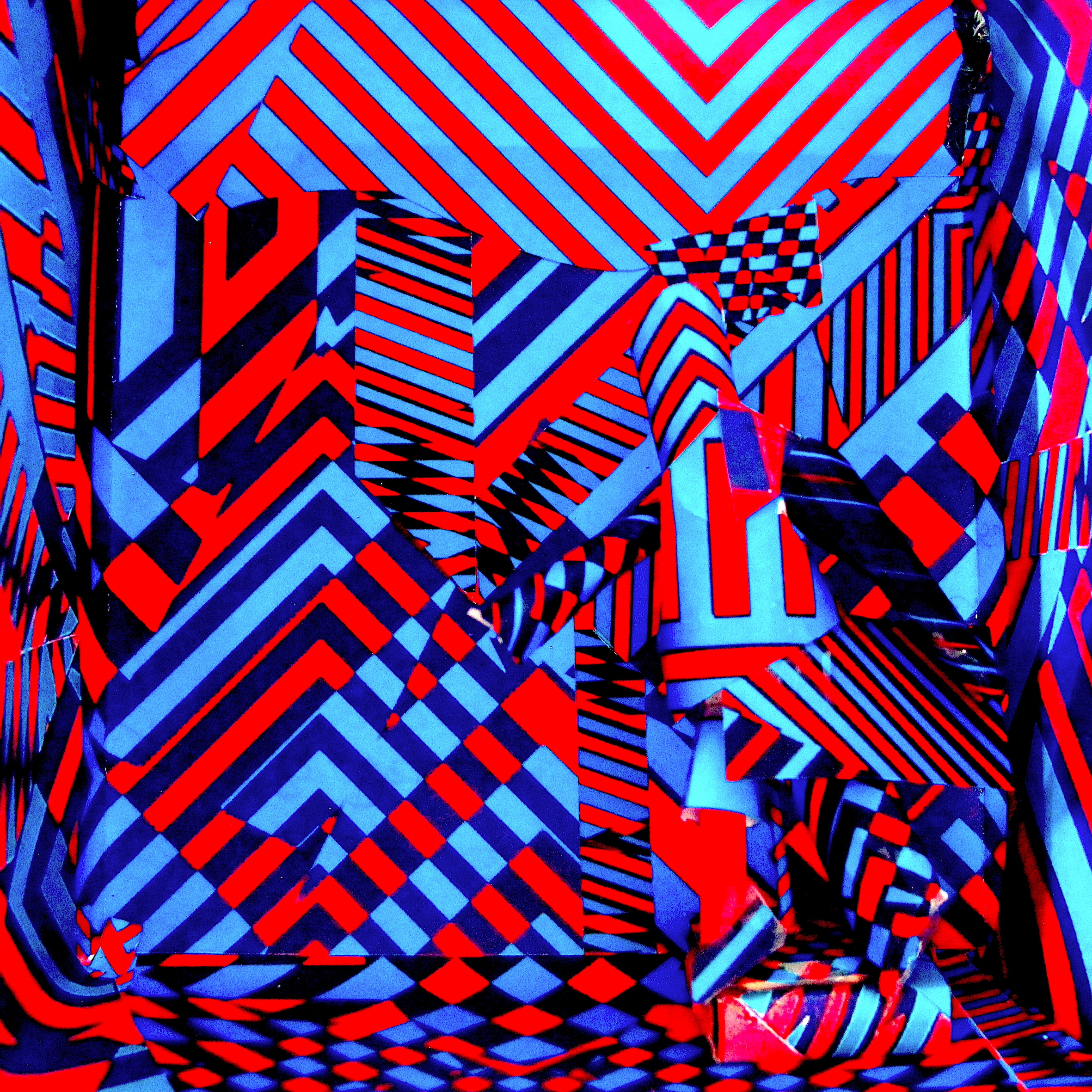 This image shows a 3D model of a figure and background in a blue and red geometric design.